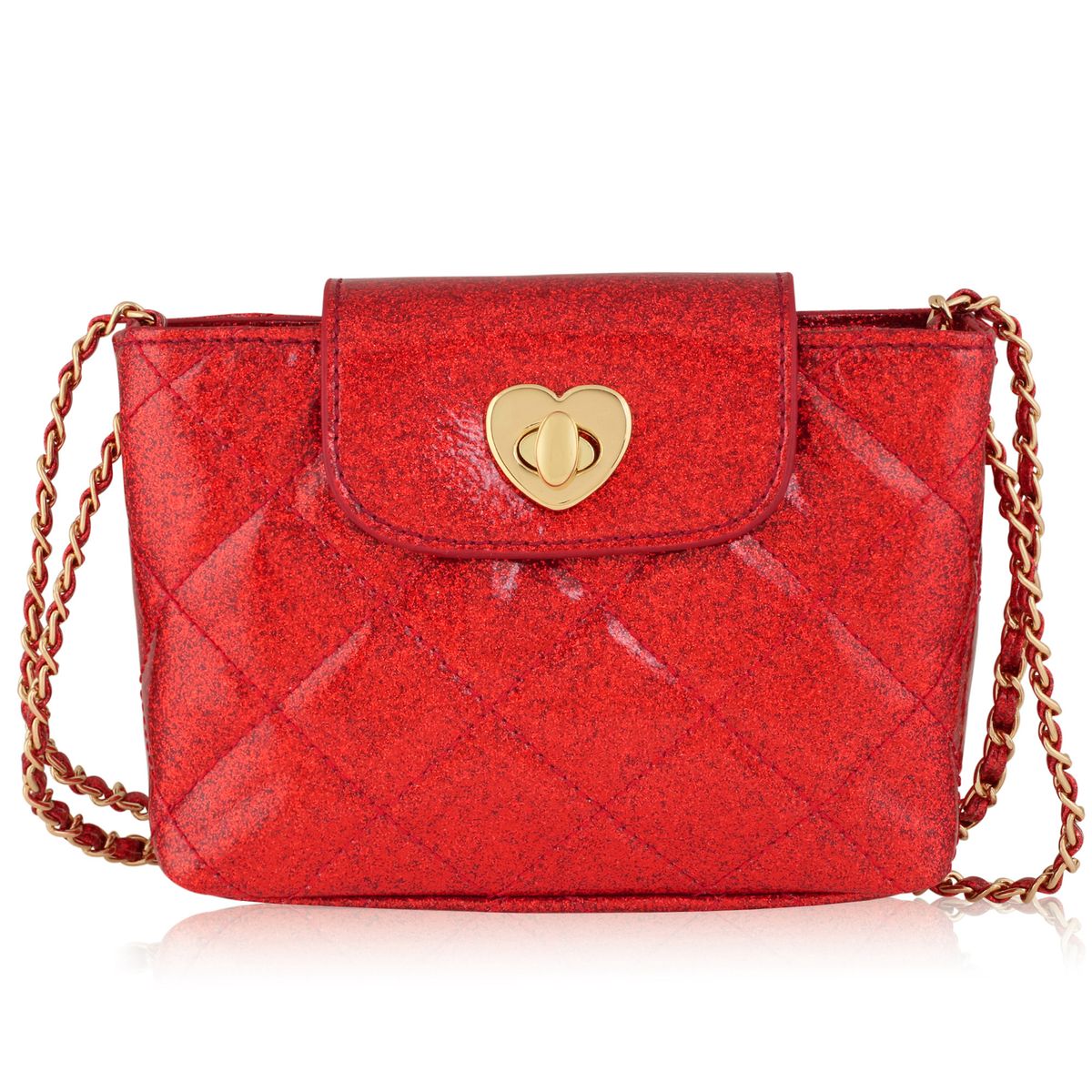 Red quilted handbag with a gold chain and heart-shaped clasp on a white background