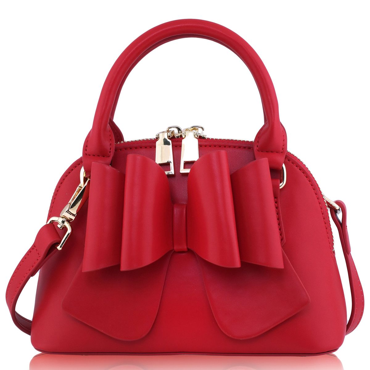 Red handbag with a large bow on a white background