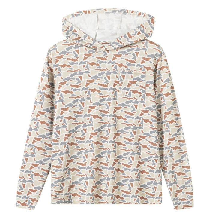 A long-sleeve hooded sweatshirt with an all-over abstract camouflage pattern in beige, brown, and gray, shown against a plain white background.