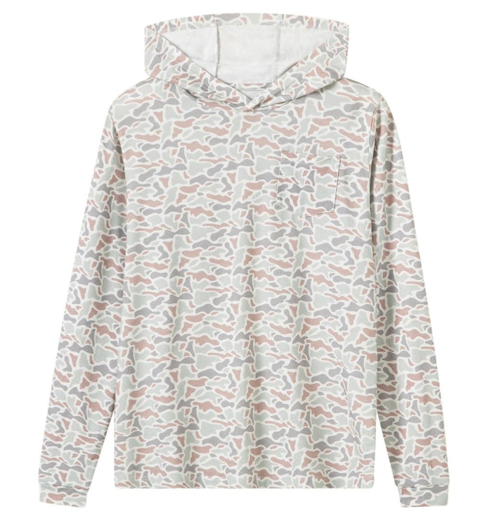 A long-sleeve hooded sweatshirt with an all-over abstract camouflage pattern in muted gray, beige, and dusty pink tones, shown against a plain white background.