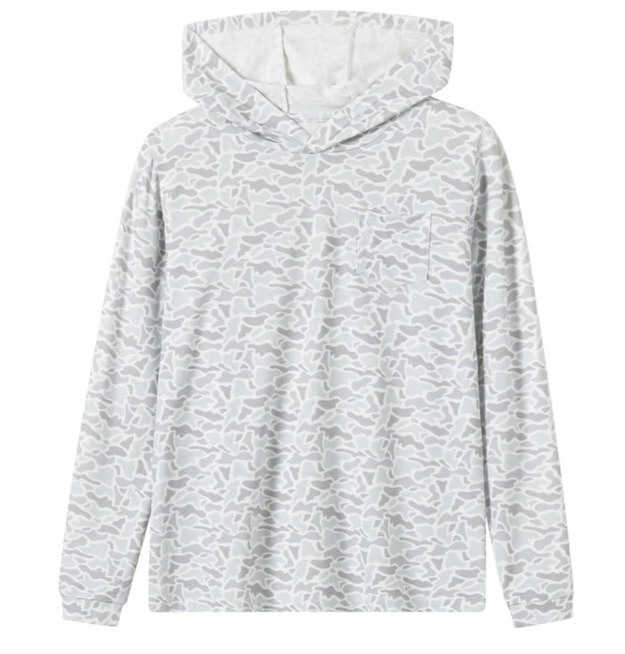 A long-sleeve hooded shirt with an all-over abstract gray and white pattern, shown against a plain white background.