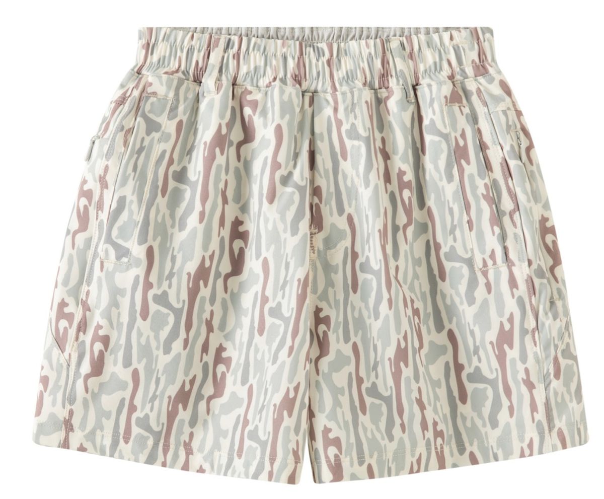 A pair of women's shorts featuring an abstract, organic wavy pattern in muted dusty rose, sage green, and cream, with an elastic waistband.