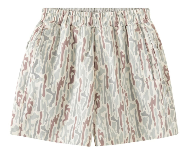 A pair of women's shorts featuring an abstract, organic wavy pattern in muted dusty rose, sage green, and cream, with an elastic waistband.