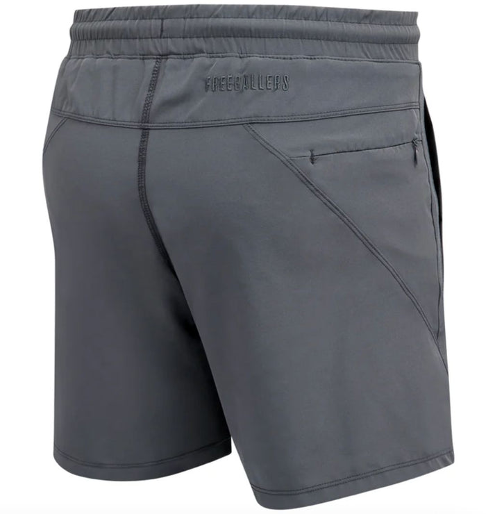 Gray shorts with a brand logo on a white background