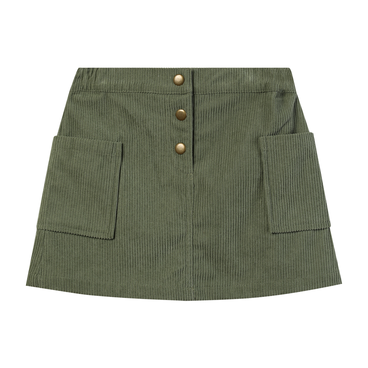 An olive green corduroy mini skirt with a button-up front and two large front patch pockets, shown flat on a white background.