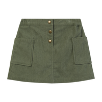 An olive green corduroy mini skirt with a button-up front and two large front patch pockets, shown flat on a white background.
