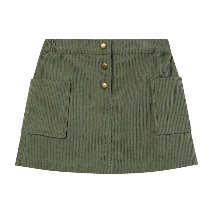 An olive green corduroy mini skirt with a button-up front and two large front patch pockets, shown flat on a white background.