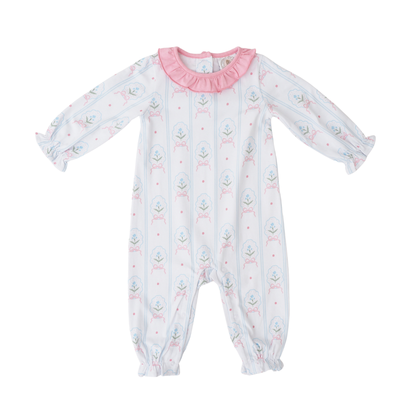 Baby onesie with pink collar on a white background
