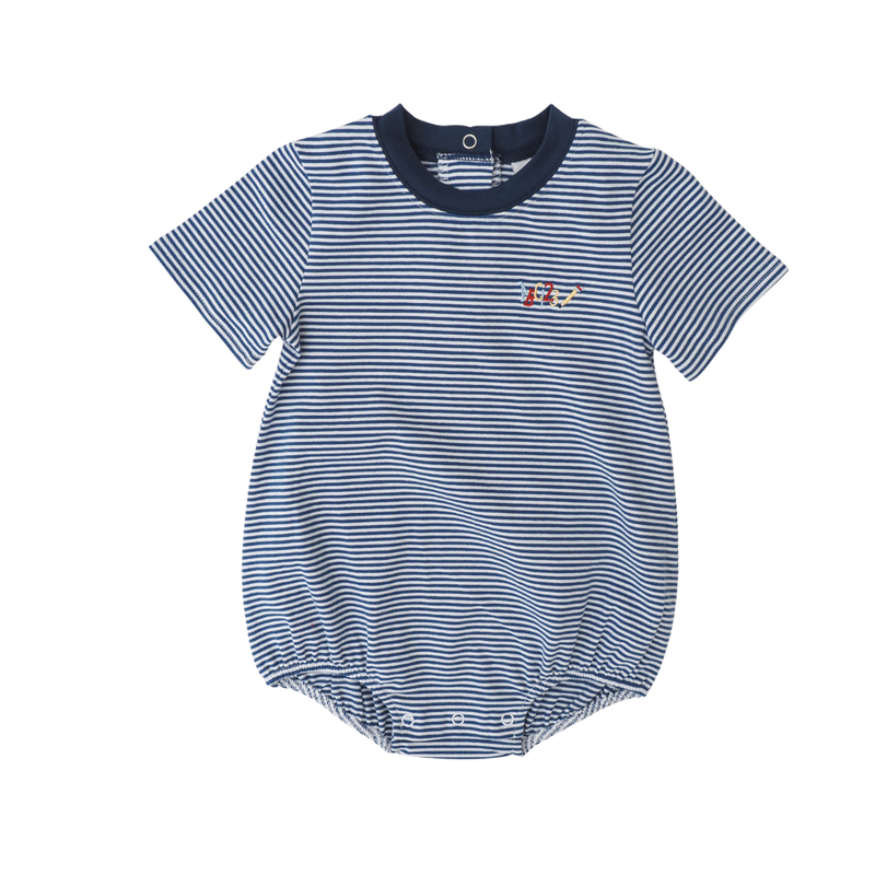 Blue and white striped baby bubble with a small logo on a white background