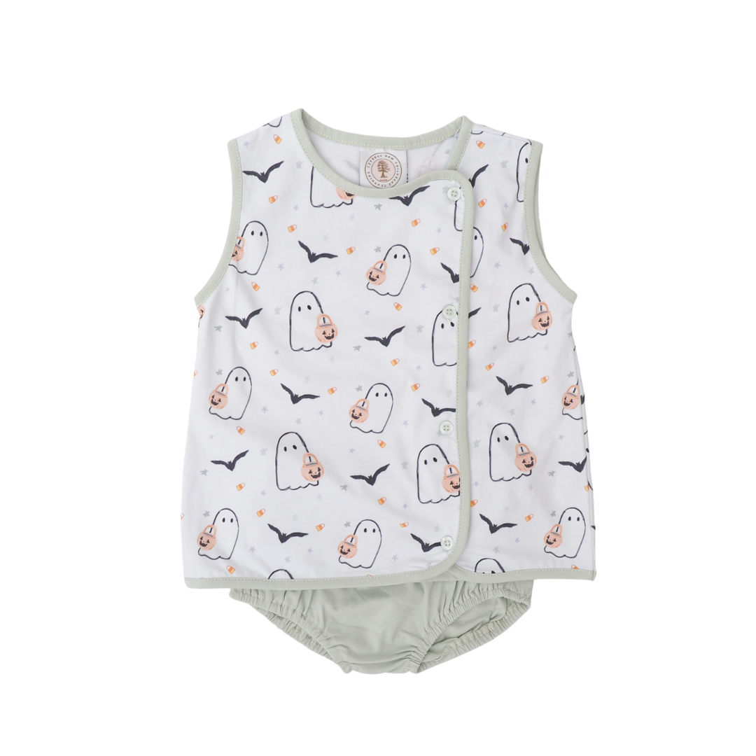 A baby sleeveless wrap vest and matching bloomers set in a light sage green and white color. The white front panel features a cute Halloween pattern of black bats, white ghosts, and orange pumpkins, while the sides and trim are sage green.