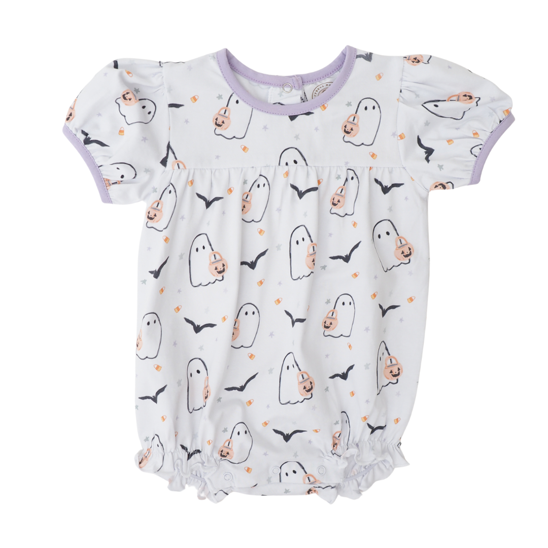 Baby romper with ghost pattern on a white background
