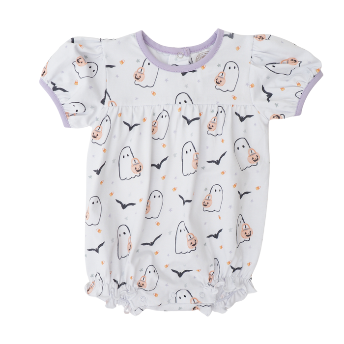 Baby romper with ghost pattern on a white background