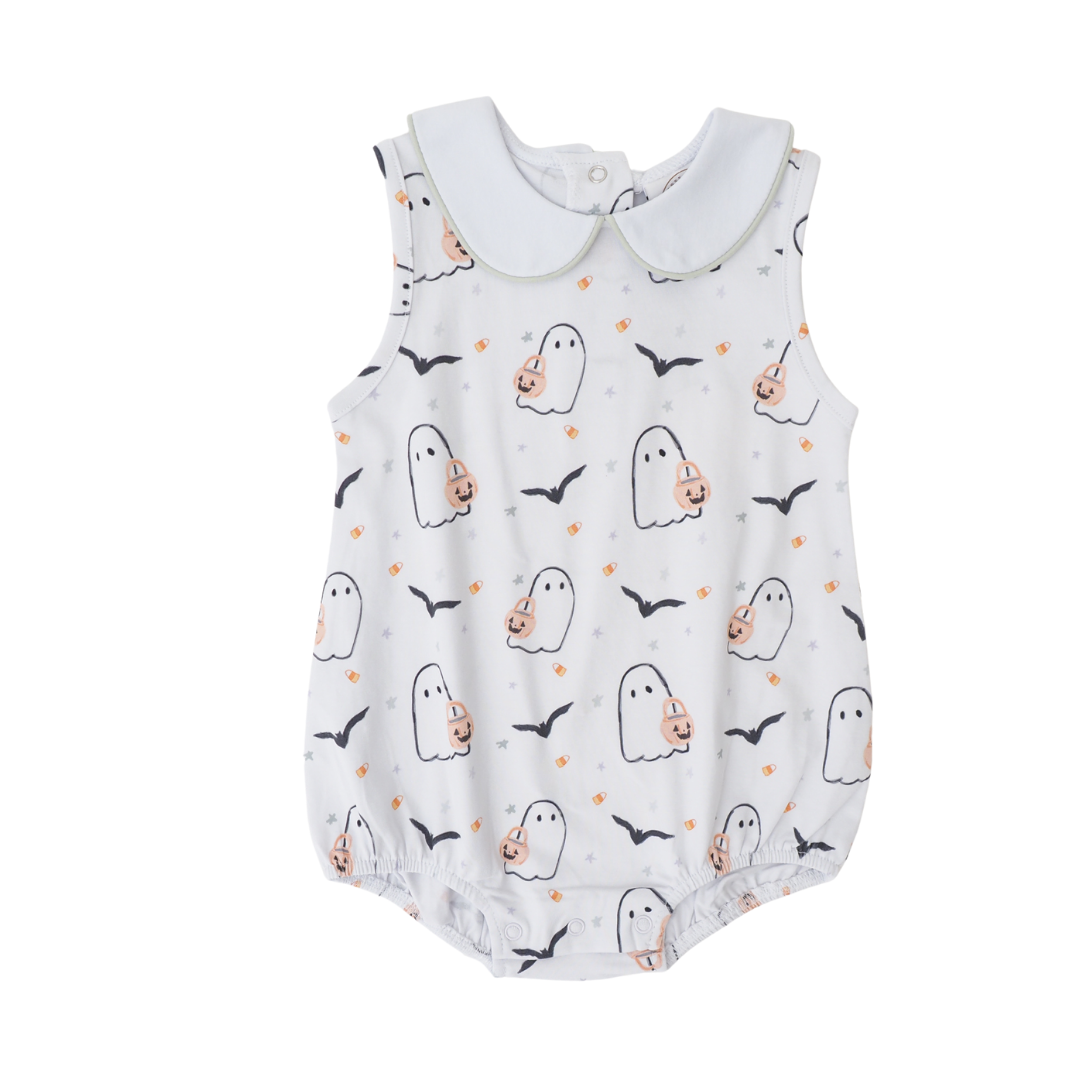 A baby sleeveless romper with a white Peter Pan collar, featuring a Halloween print of white ghosts, black bats, and orange pumpkins on a white background.