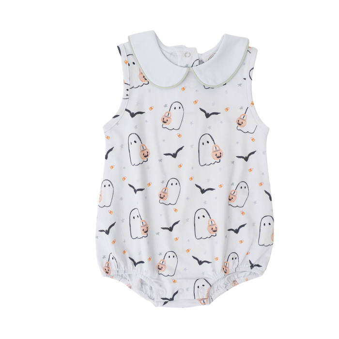 A baby sleeveless romper with a white Peter Pan collar, featuring a Halloween print of white ghosts, black bats, and orange pumpkins on a white background.