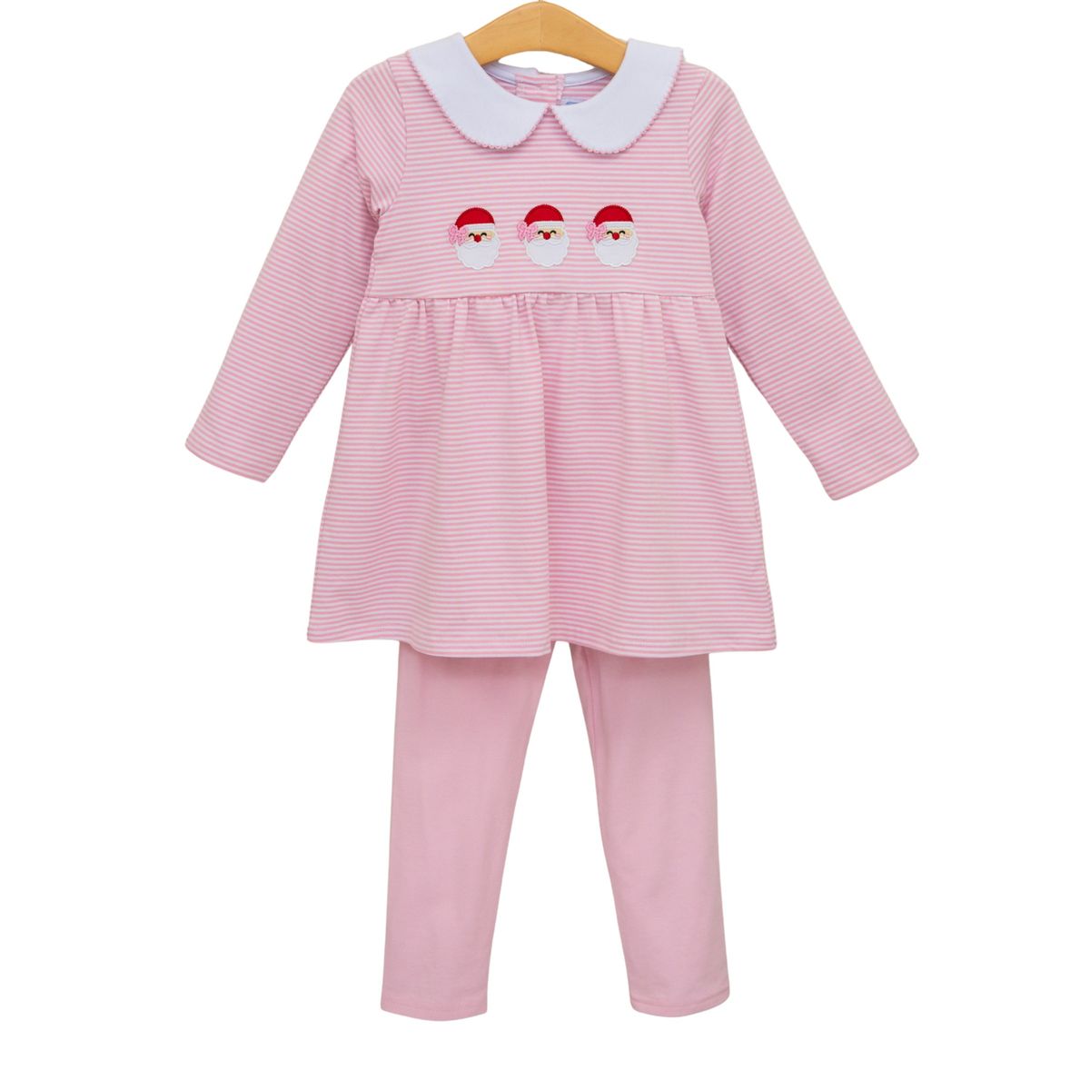 Pink striped dress and pants set with white collar on a hanger against a white background