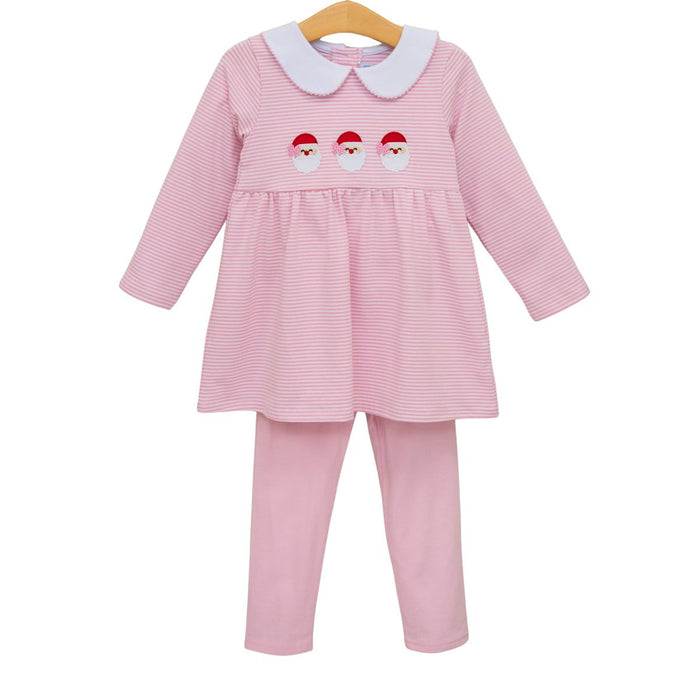 Pink striped dress and pants set with white collar on a hanger against a white background