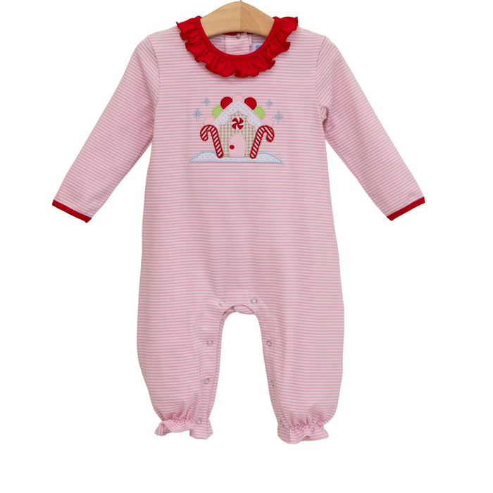 Pink baby romper with red ruffled collar and candy cane design on a white background