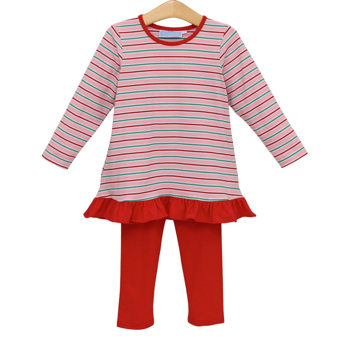 A toddler girl's two-piece clothing set featuring a long-sleeve top with horizontal red, pink, and light blue stripes, a red ruffle hem, and solid red leggings, displayed on a wooden hanger against a white background.