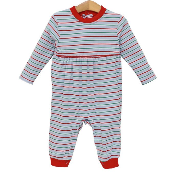 A baby long-sleeve footless romper with thin red and light blue horizontal stripes, featuring a solid red crew neck, red cuffs, and a red waistband, hanging on a wooden hanger against a white background.