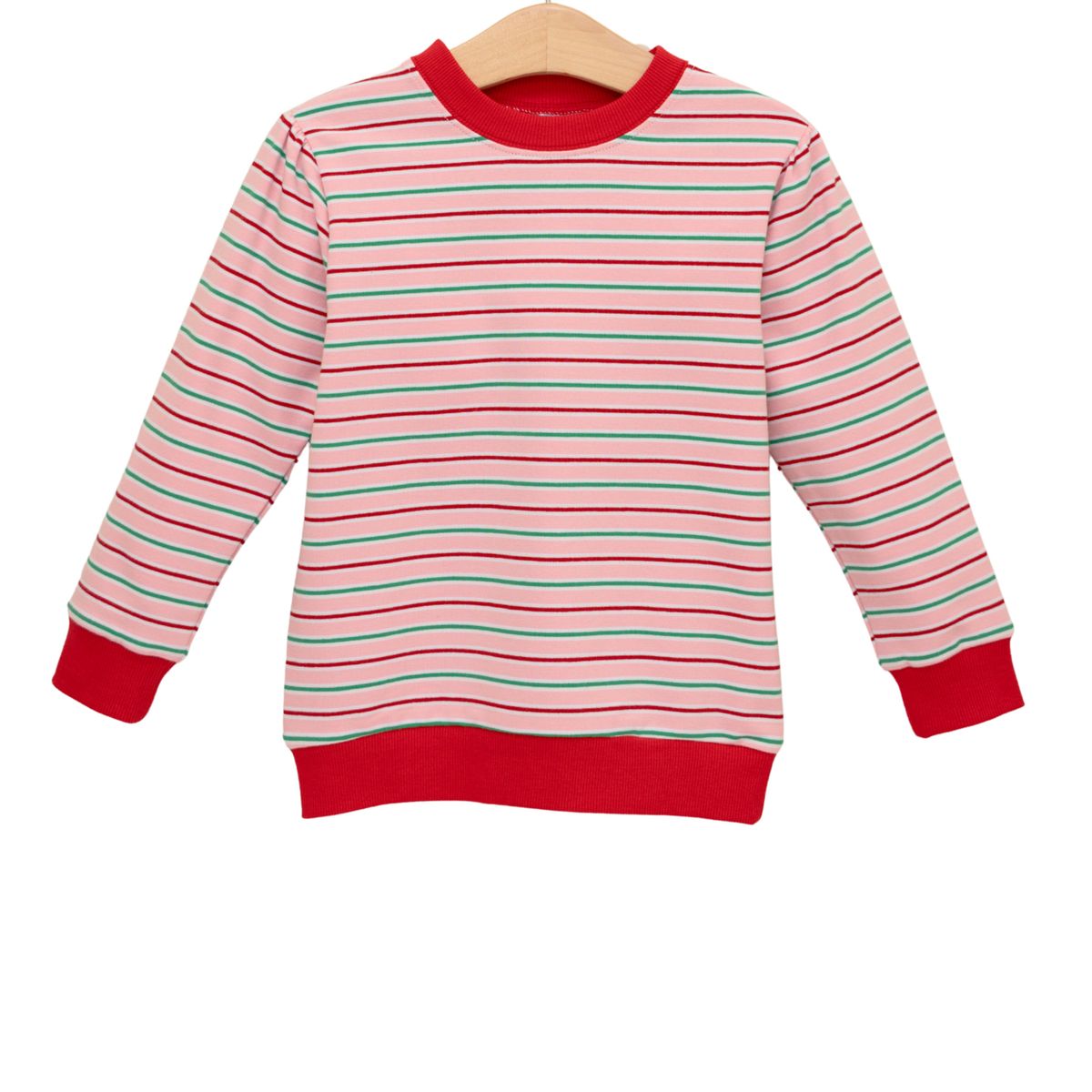 A children's long-sleeve striped sweater hanging on a wooden hanger against a plain white background. The sweater features horizontal stripes in red, pink, and light green, with solid red ribbed trim at the collar, cuffs, and hem.