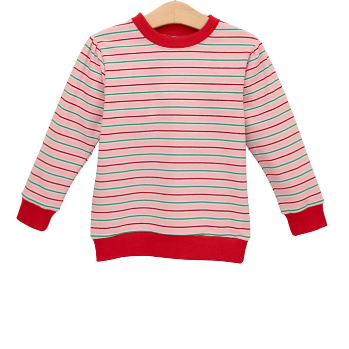 A children's long-sleeve striped sweater hanging on a wooden hanger against a plain white background. The sweater features horizontal stripes in red, pink, and light green, with solid red ribbed trim at the collar, cuffs, and hem.