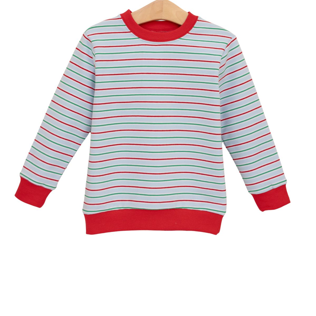 A children's long-sleeve crewneck sweatshirt with horizontal stripes in red, mint green, and white, featuring solid red ribbed cuffs, collar, and hem, hanging on a wooden hanger against a white background.
