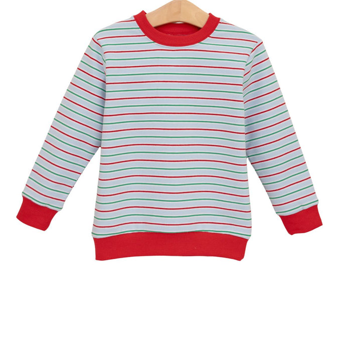 A children's long-sleeve crewneck sweatshirt with horizontal stripes in red, mint green, and white, featuring solid red ribbed cuffs, collar, and hem, hanging on a wooden hanger against a white background.