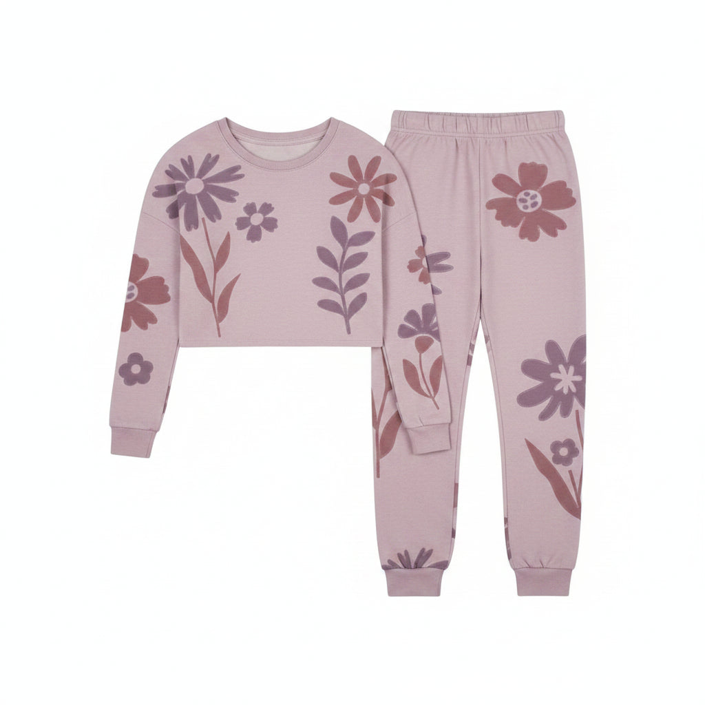 A flat vector illustration of a two-piece matching loungewear set, featuring a cropped long-sleeve top and jogger pants in a light lavender color with a darker purple floral pattern, shown on a plain white background.