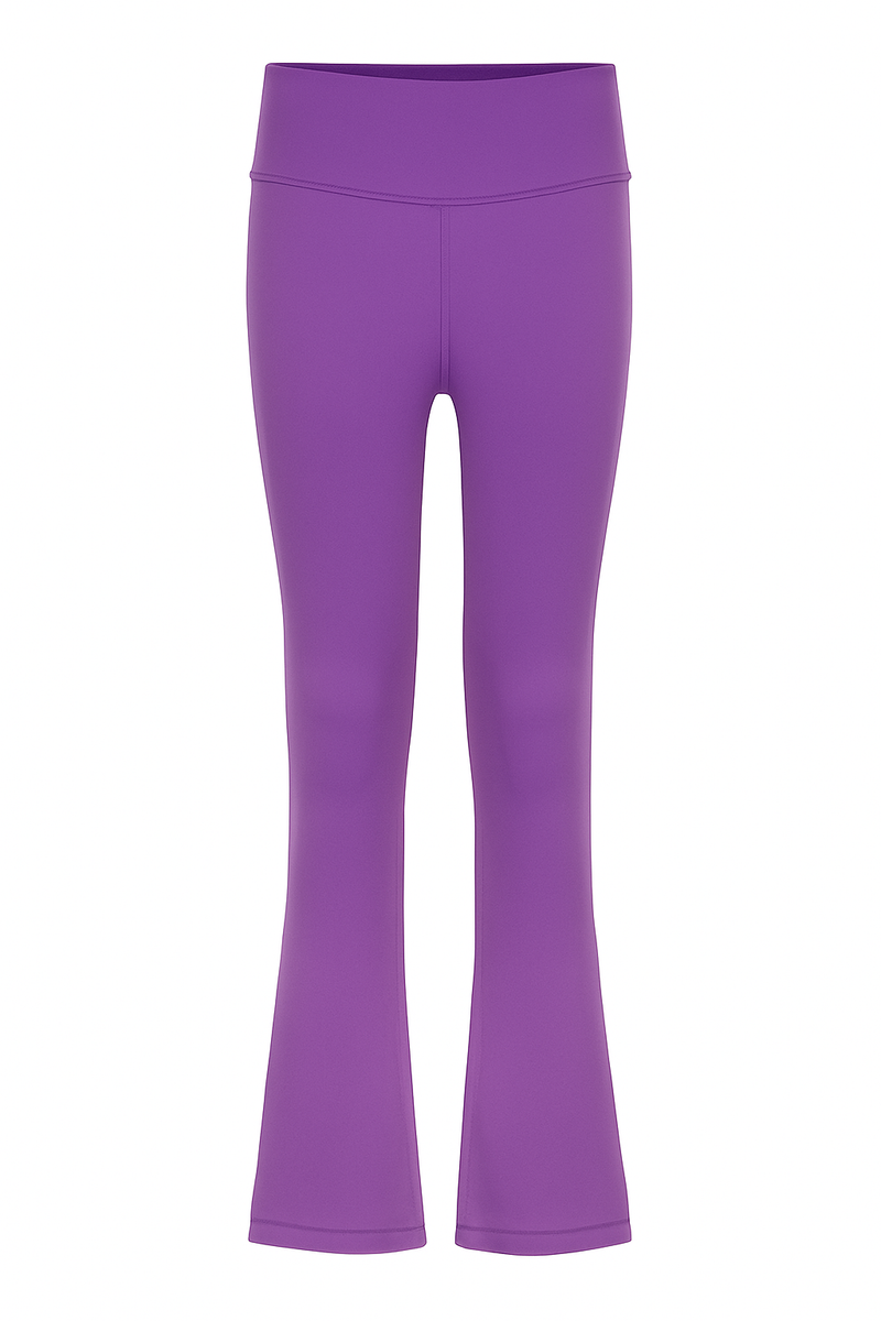 Purple high-waisted flared leggings shown on a plain white background.