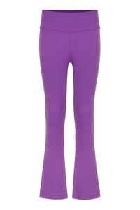 Purple high-waisted flared leggings shown on a plain white background.