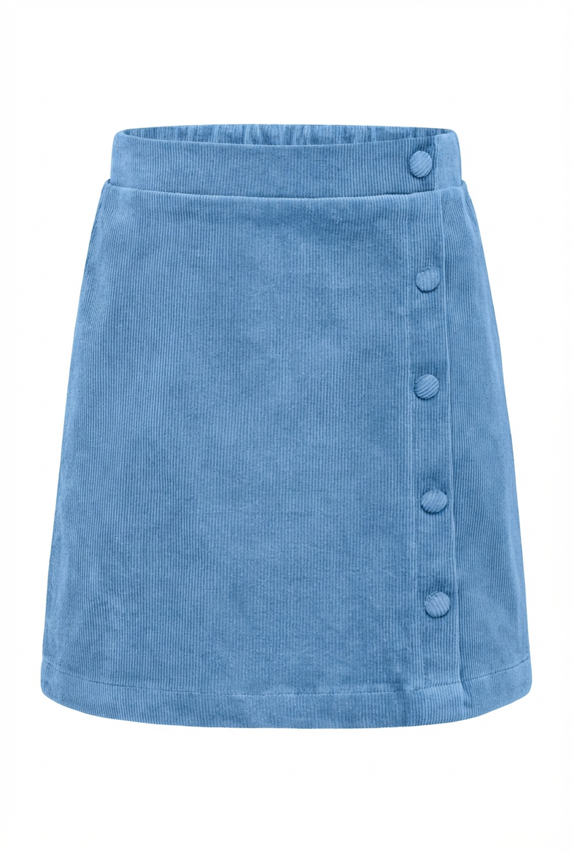 Blue corduroy skirt with button details on a white background
