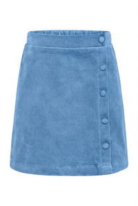Blue corduroy skirt with button details on a white background