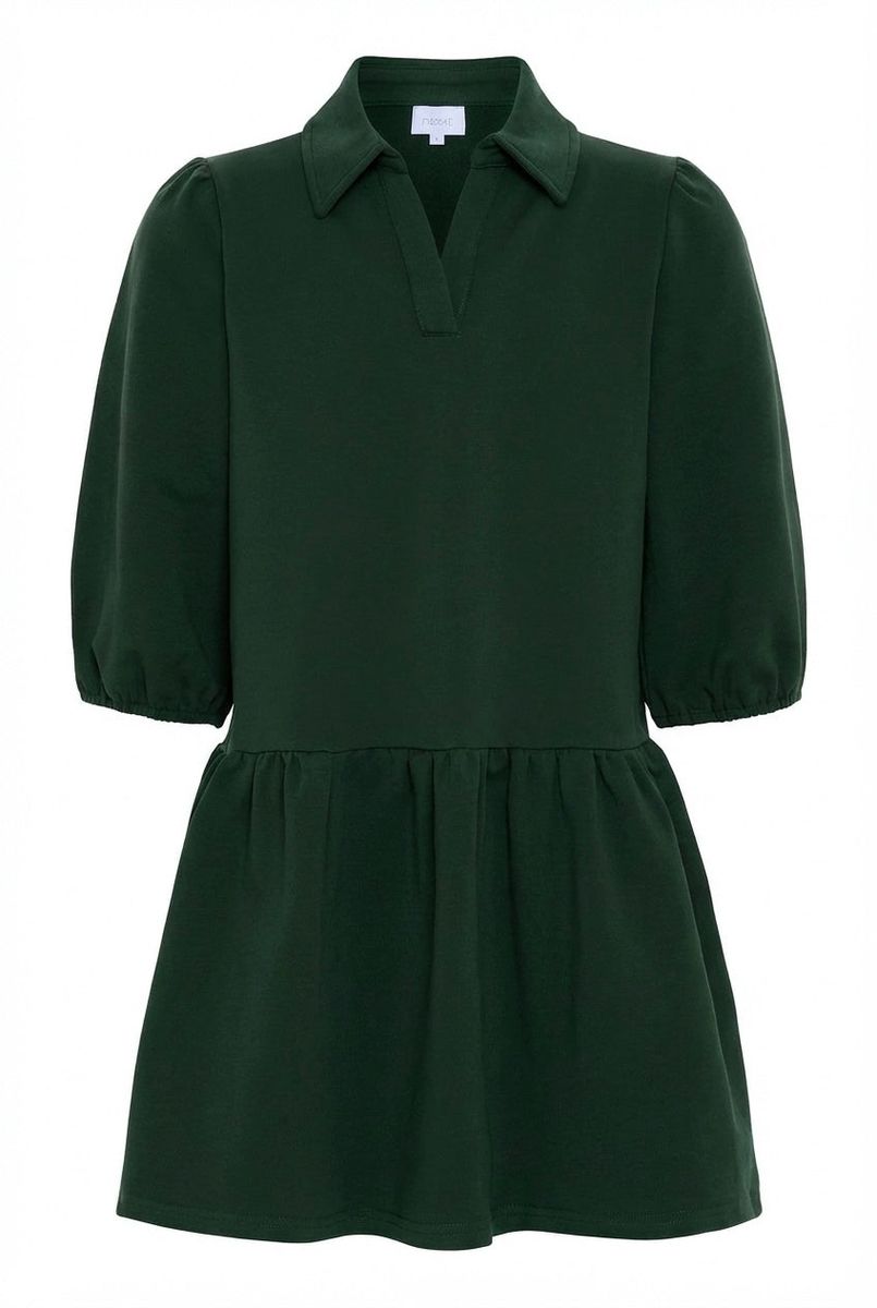 A dark forest green short-sleeve dress with a polo-style collar and a gathered peplum waist, shown against a plain white background.