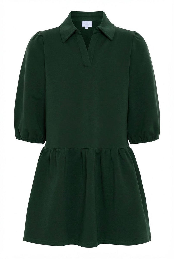 A dark forest green short-sleeve dress with a polo-style collar and a gathered peplum waist, shown against a plain white background.