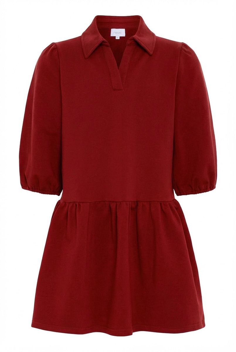 A dark red short-sleeve polo dress with a gathered waist and flared skirt, shown against a plain white background.
