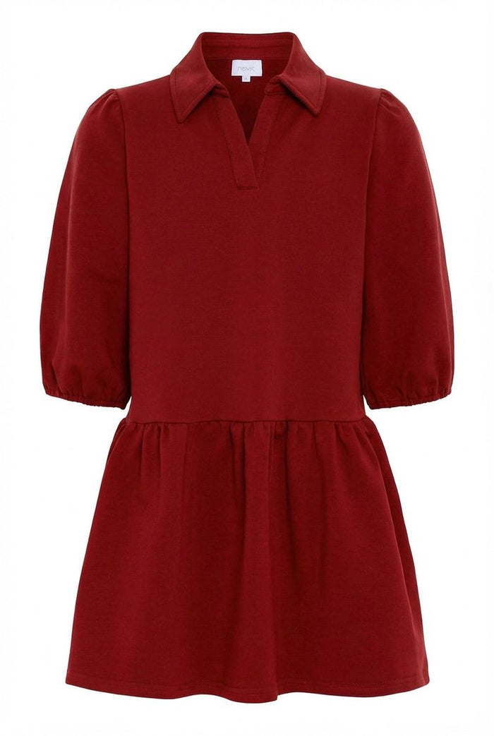 A dark red short-sleeve polo dress with a gathered waist and flared skirt, shown against a plain white background.