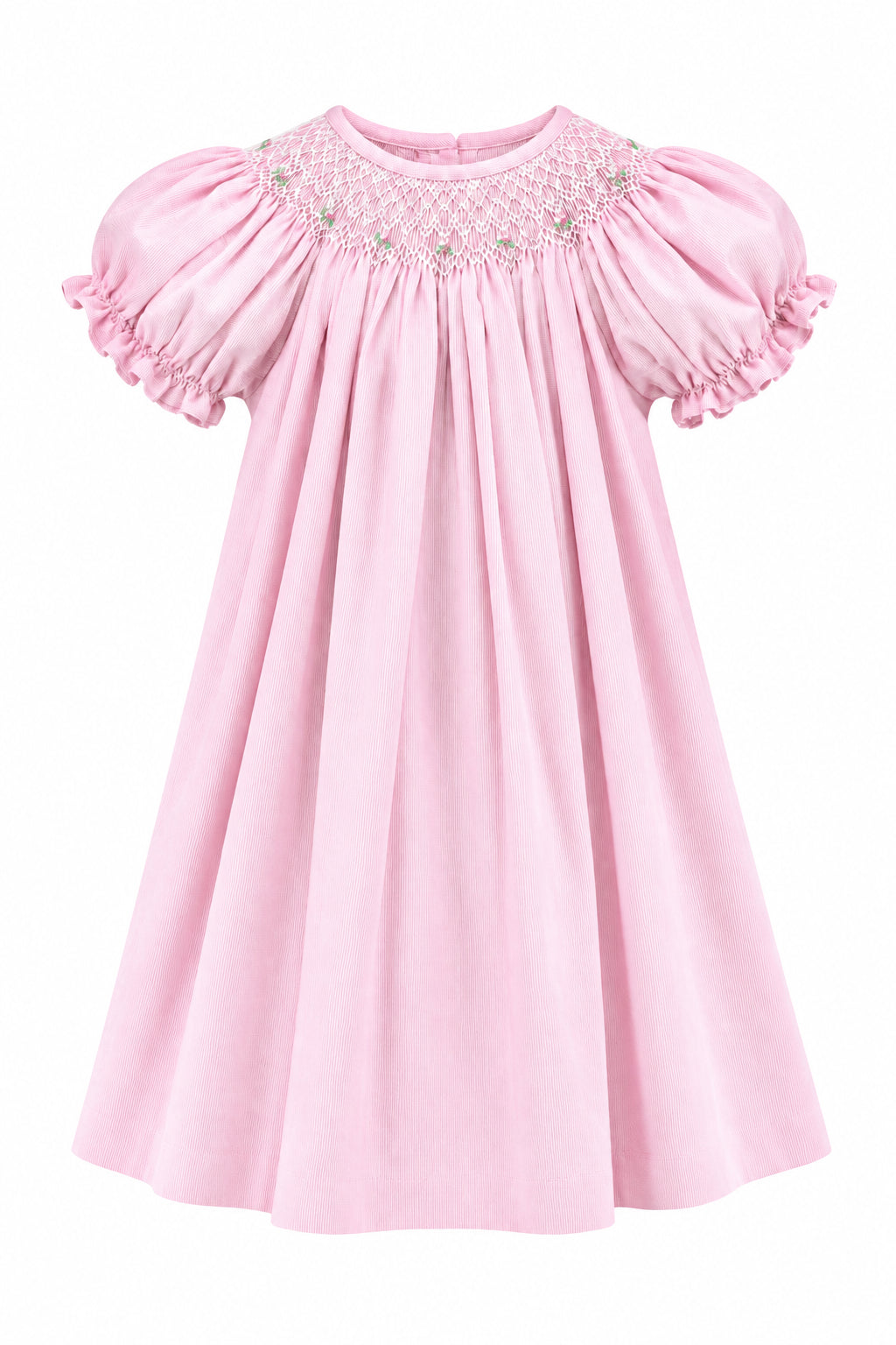A light pink baby dress with short puffed sleeves and delicate white embroidered detailing around the neckline, hanging on a white hanger against a solid gray background.