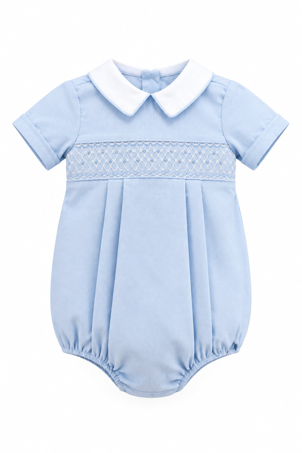 Light blue baby romper with white collar on a gray background