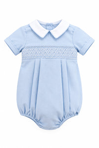 Light blue baby romper with white collar on a gray background