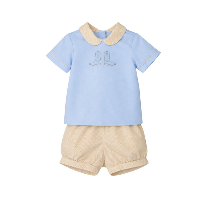 A baby boy's short-sleeve romper set featuring a light blue top with a beige Peter Pan collar and embroidered cowboy boots, paired with beige corduroy shorts, shown on a plain white background.