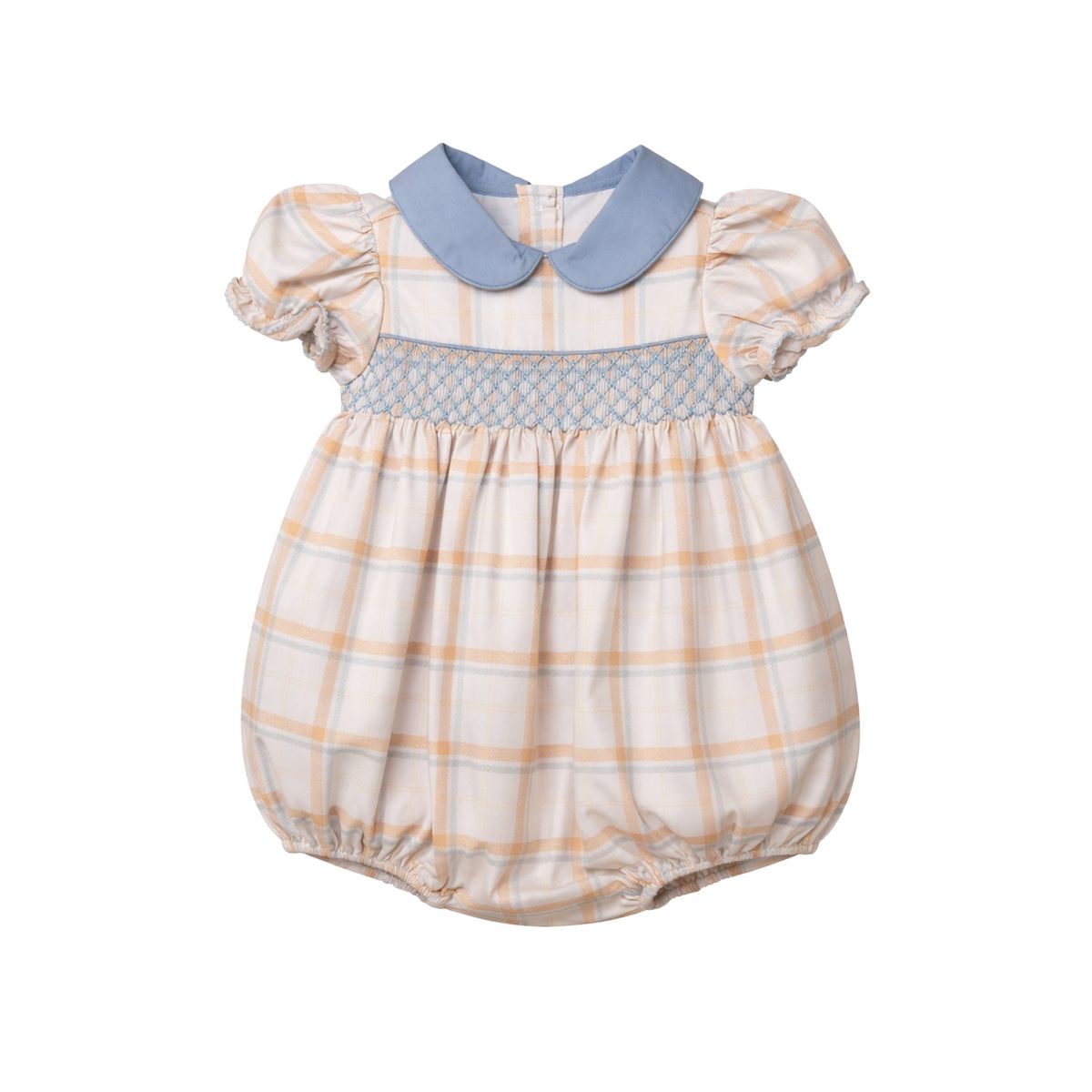 A baby girl's short-sleeve smocked romper in a beige and orange plaid pattern with a light blue Peter Pan collar and smocked trim.