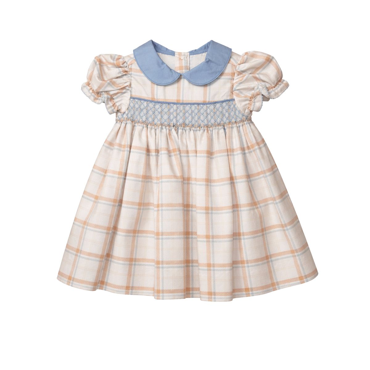 A toddler girl's dress with a cream and peach plaid pattern, featuring a light blue Peter Pan collar and a matching smocked waistband.
