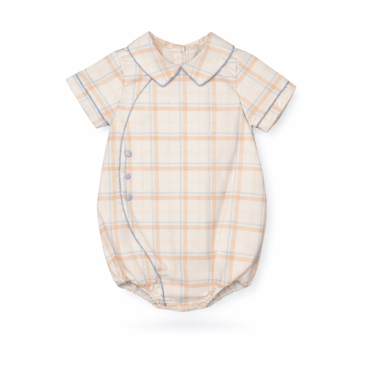 A baby short-sleeve bodysuit with a light peach and blue plaid pattern, featuring a Peter Pan collar and three snap buttons on the side, shown on a plain white background.