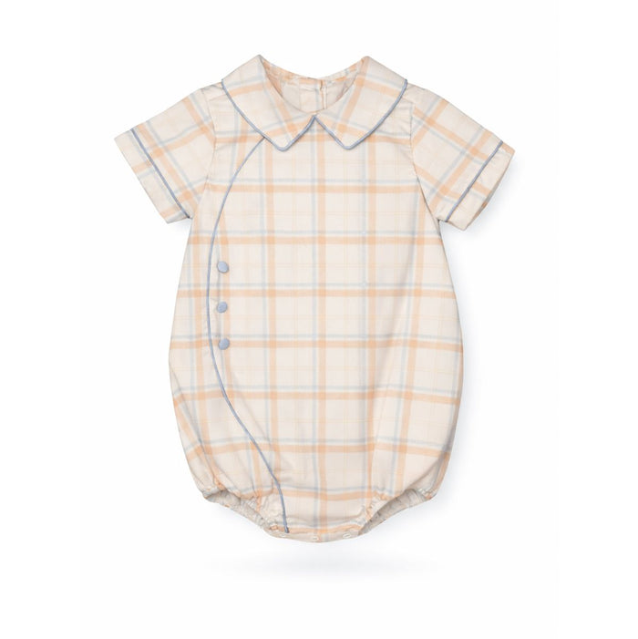 A baby short-sleeve bodysuit with a light peach and blue plaid pattern, featuring a Peter Pan collar and three snap buttons on the side, shown on a plain white background.
