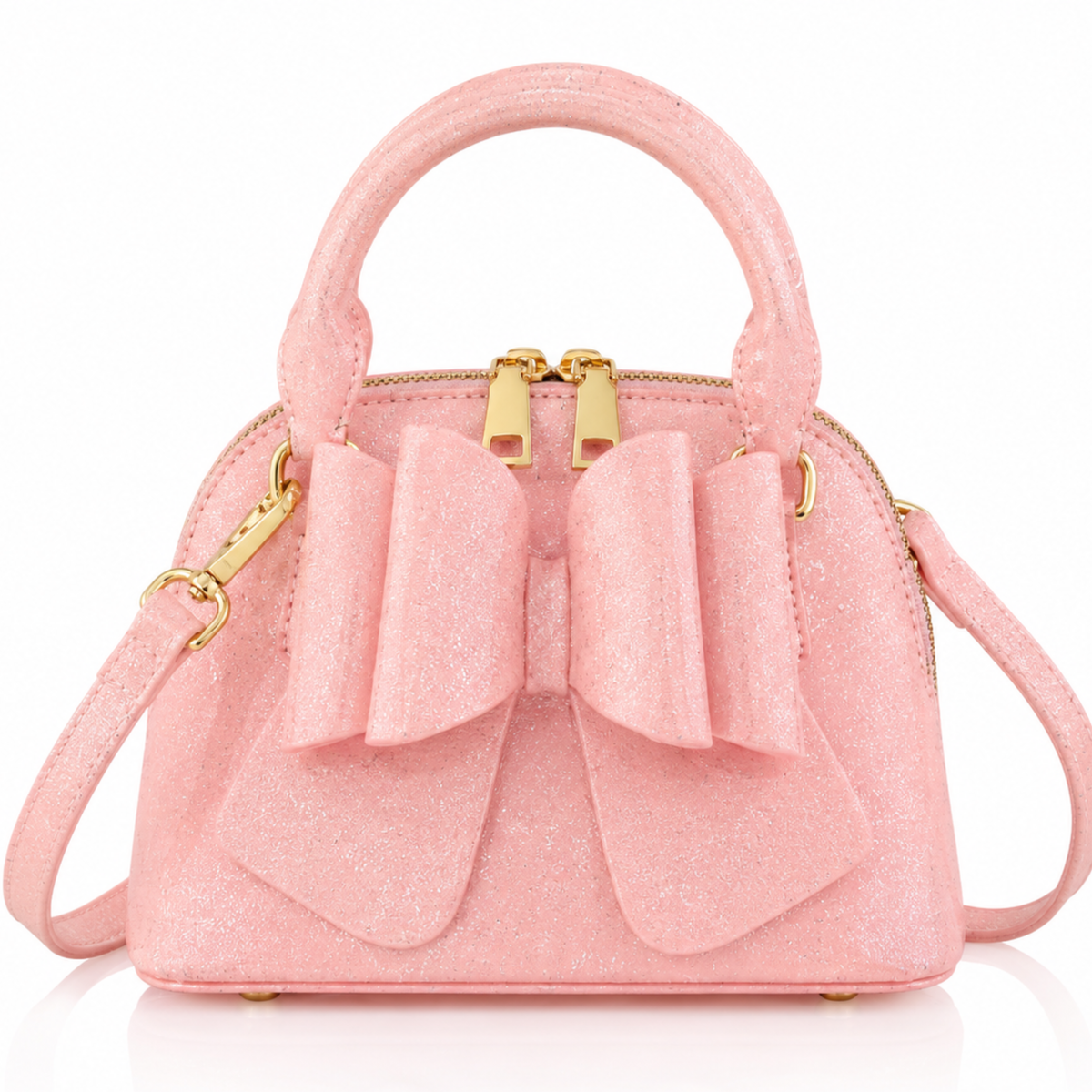 Pink handbag with gold accents and a bow on a white background