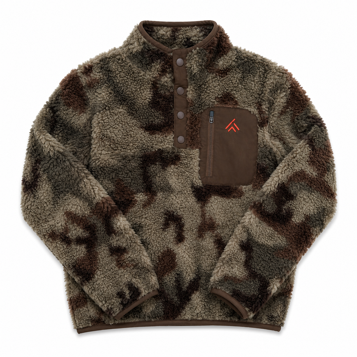 A fleece pullover jacket with a brown and beige camouflage pattern, featuring a brown chest pocket with a vertical zipper and a small red logo, laid flat on a white background.