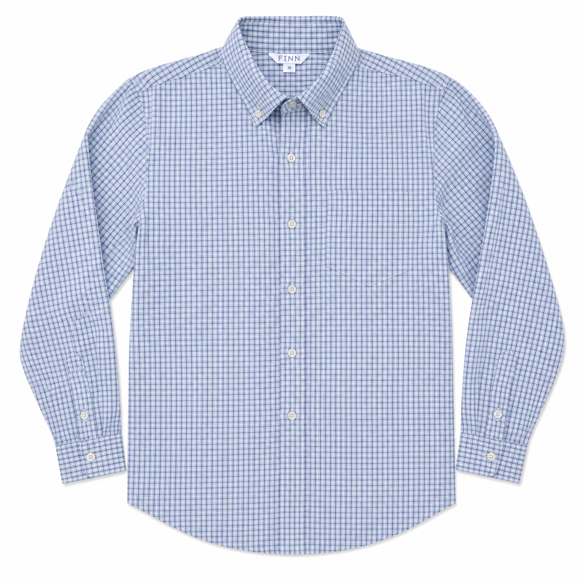 A long-sleeve button-down shirt in a fine blue and white gingham check pattern, laid flat against a white background.