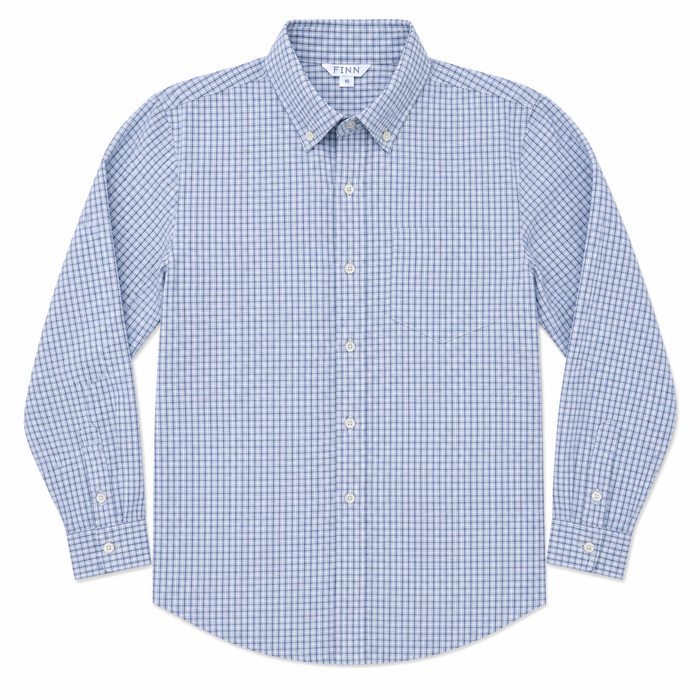A long-sleeve button-down shirt in a fine blue and white gingham check pattern, laid flat against a white background.