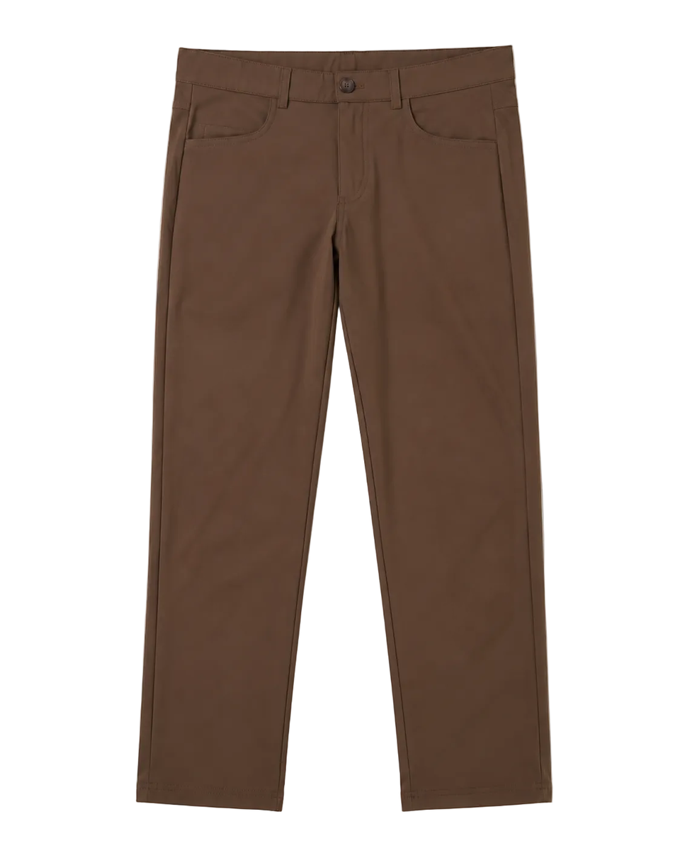 A pair of brown slim-fit trousers shown flat against a solid white background.