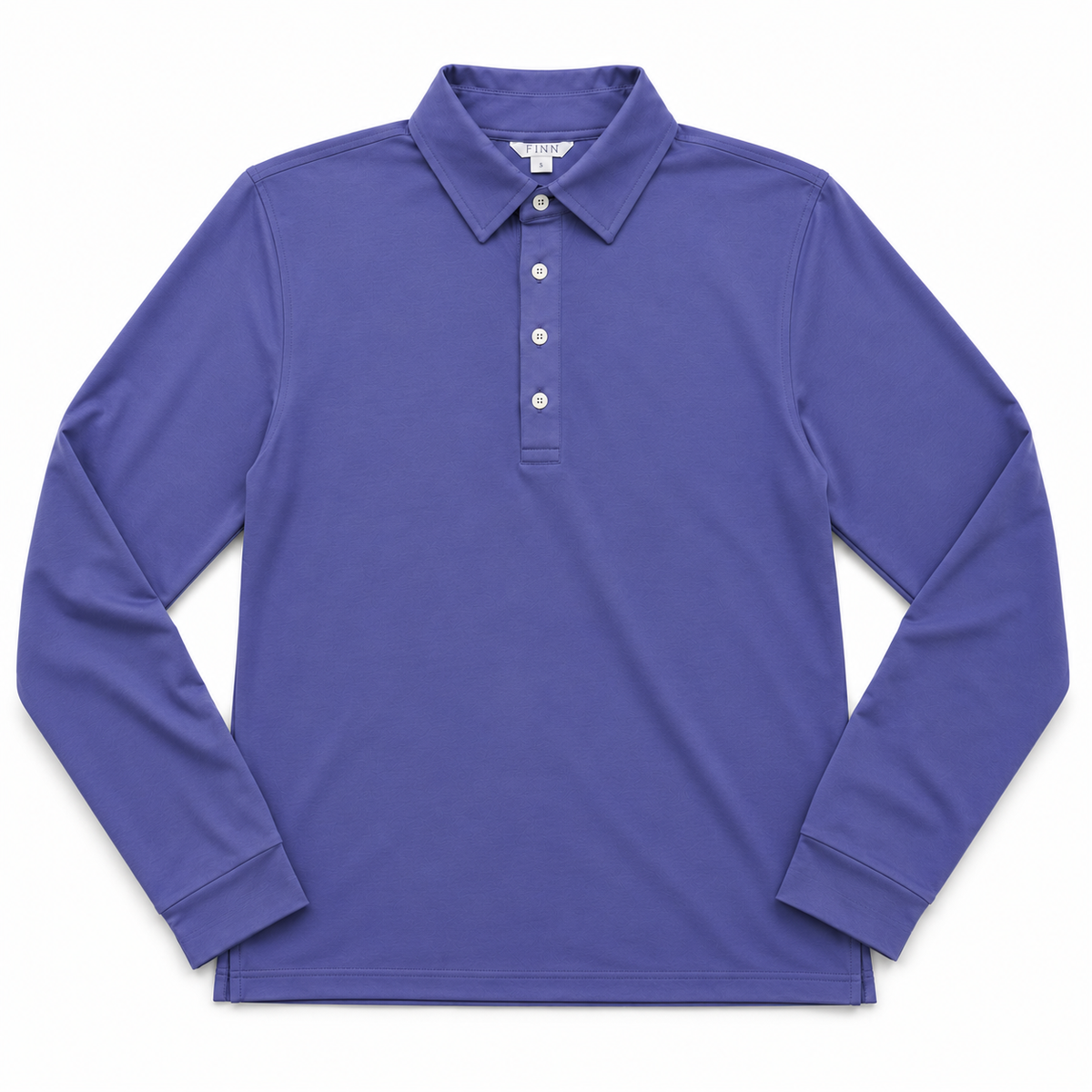 A long-sleeve polo shirt in a medium purple color, featuring a three-button placket and a classic collar, laid flat against a white background.